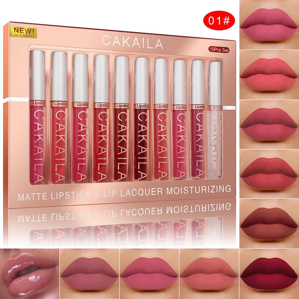 CAKAILA 10pcs Nude Lip Gloss Matte Velvet Lipstick Set