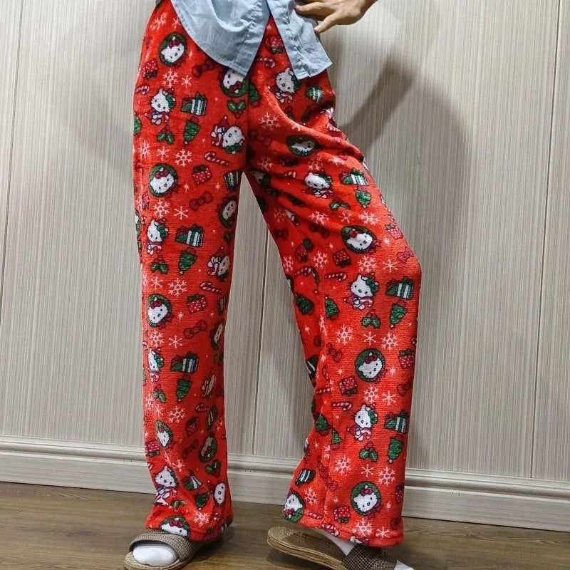 Sanrio Hello Kitty Y2K Kawaii Anime Flannel Pajamas – Women’s Warm Fleece Cartoon Home Pants for Autumn & Winter Comfort