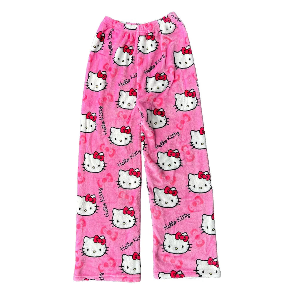 Sanrio Hello Kitty Flannel Pajamas – Black Women’s Warm Cartoon Home Pants, Autumn Winter Kawaii Loungewear