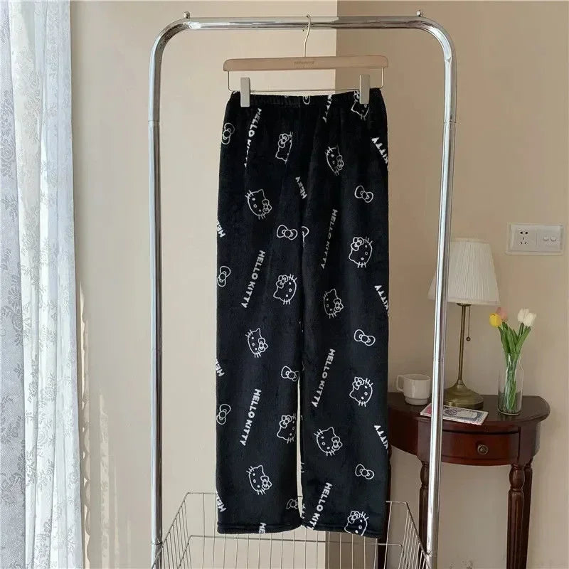 Sanrio Hello Kitty Y2K Kawaii Anime Flannel Pajamas – Women’s Warm Fleece Cartoon Home Pants for Autumn & Winter Comfort