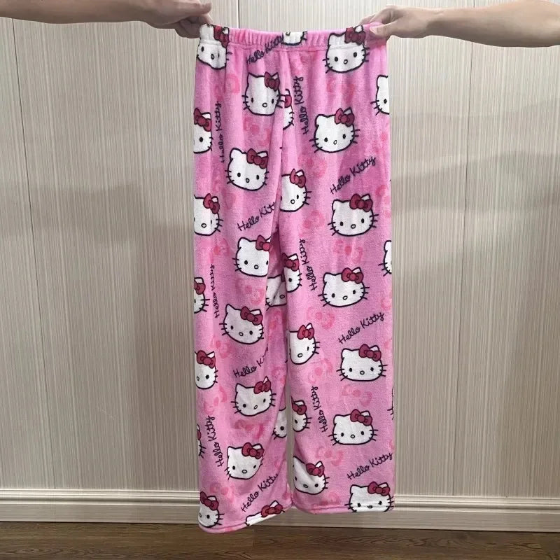 Sanrio Hello Kitty Y2K Kawaii Anime Flannel Pajamas – Women’s Warm Fleece Cartoon Home Pants for Autumn & Winter Comfort