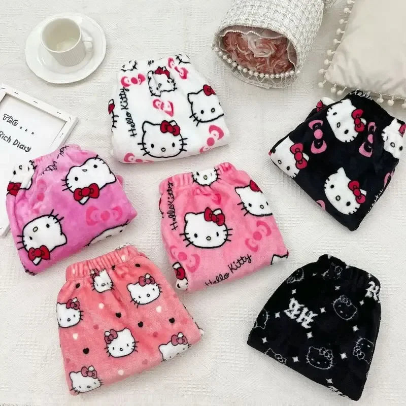 Sanrio Hello Kitty Y2K Kawaii Anime Flannel Pajamas – Women’s Warm Fleece Cartoon Home Pants for Autumn & Winter Comfort