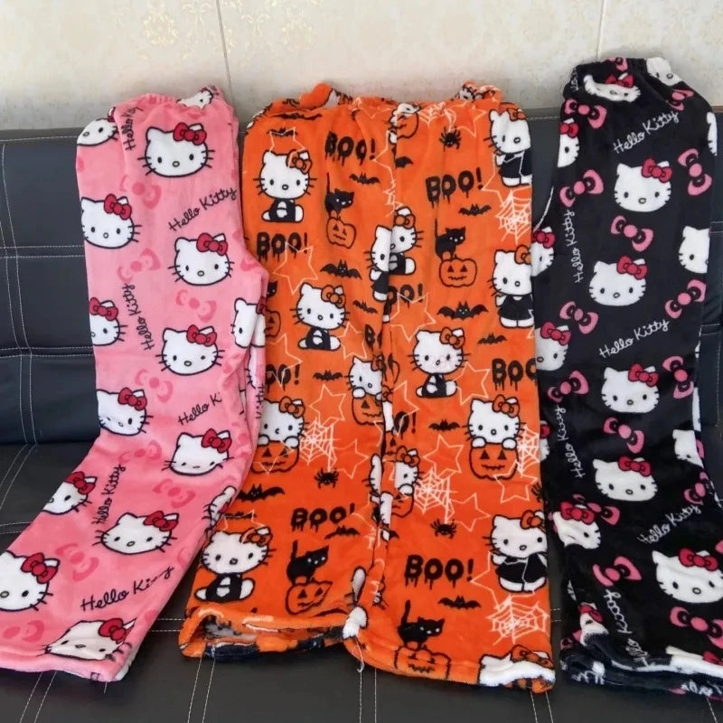 Sanrio Hello Kitty Halloween Flannel Pajamas – Kawaii Women’s Cartoon Woolen Trousers for Autumn Comfort