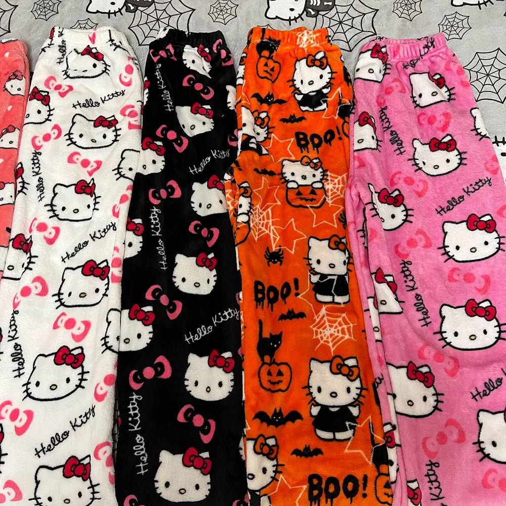 Sanrio Hello Kitty Flannel Pajamas – Black Women’s Warm Cartoon Home Pants, Autumn Winter Kawaii Loungewear
