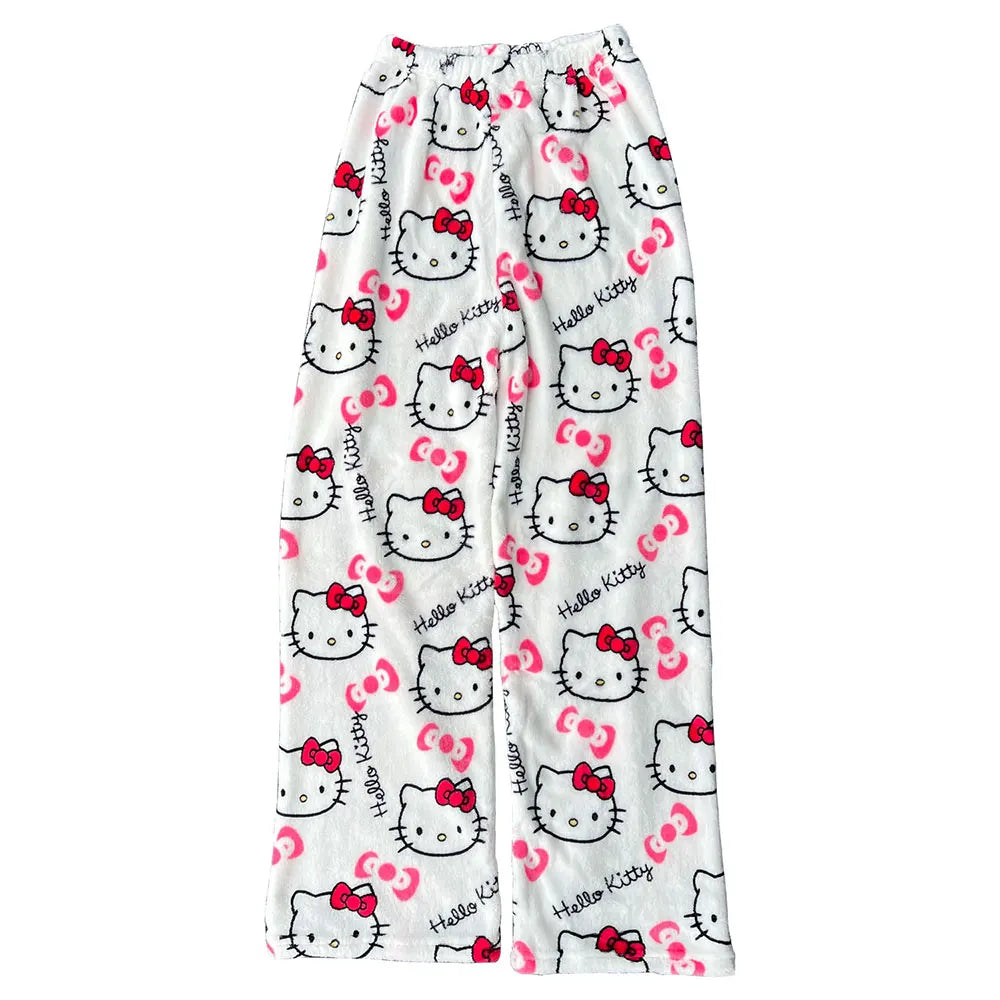 Sanrio Hello Kitty Flannel Pajamas – Black Women’s Warm Cartoon Home Pants, Autumn Winter Kawaii Loungewear
