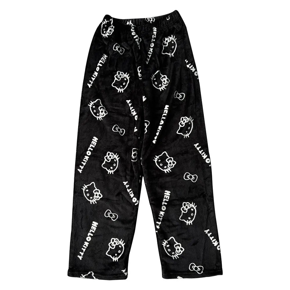 Sanrio Hello Kitty Flannel Pajamas – Black Women’s Warm Cartoon Home Pants, Autumn Winter Kawaii Loungewear