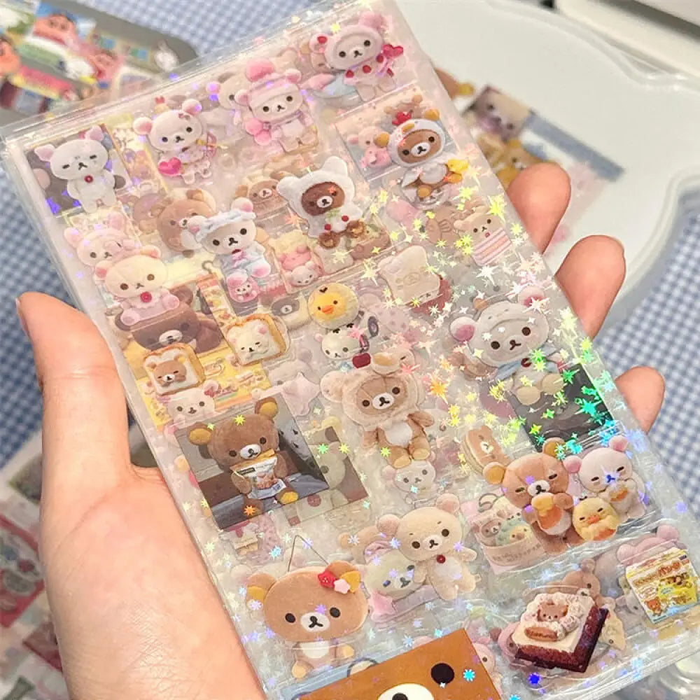 5pcs Hello Kitty & Rilakkuma Holographic Laser Stickers – Die-Cut Kawaii Anime Stickers for Journals, Laptops, & Collectors