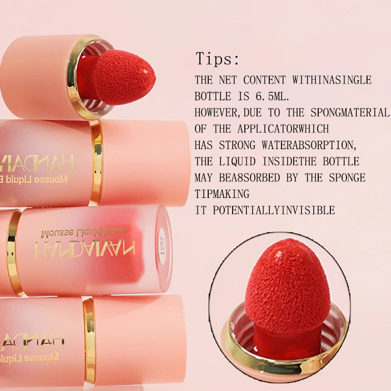HANDAIYAN 6-Color Matte Liquid Blush β Long-Lasting, Waterproof Formula with Built-In Sponge Applicator
