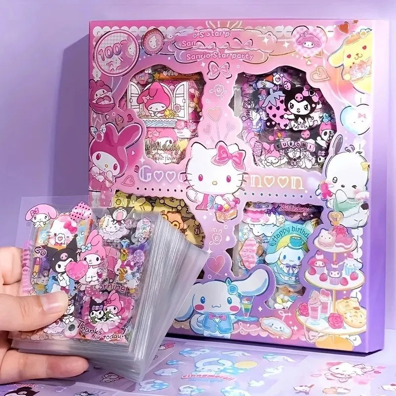 Hello Kitty Sanrio Non-Repeating 100-Piece Sticker Set – Cinnamoroll, Kuromi, Waterproof Kawaii Stickers in Gift Box for Birthdays & Stationery Lovers