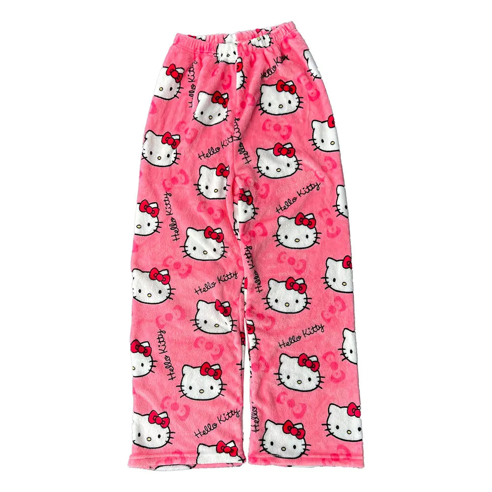 Sanrio Hello Kitty Flannel Pajamas – Black Women’s Warm Cartoon Home Pants, Autumn Winter Kawaii Loungewear