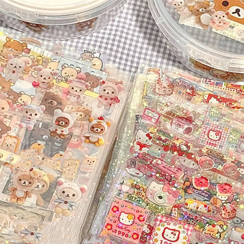 5pcs Hello Kitty & Rilakkuma Holographic Laser Stickers – Die-Cut Kawaii Anime Stickers for Journals, Laptops, & Collectors