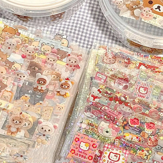 5pcs Hello Kitty & Rilakkuma Holographic Laser Stickers – Die-Cut Kawaii Anime Stickers for Journals, Laptops, & Collectors