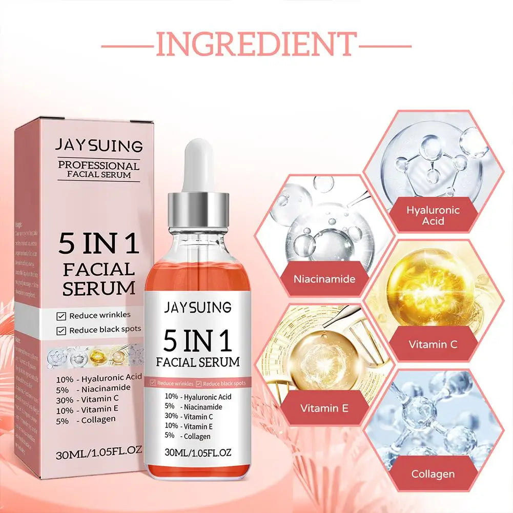 5-in-1 Vitamin C & Hyaluronic Acid Facial Serum – Fade Fine Lines, Firming, Moisturizing, Brightening, Pore-Minimizing (30ml)