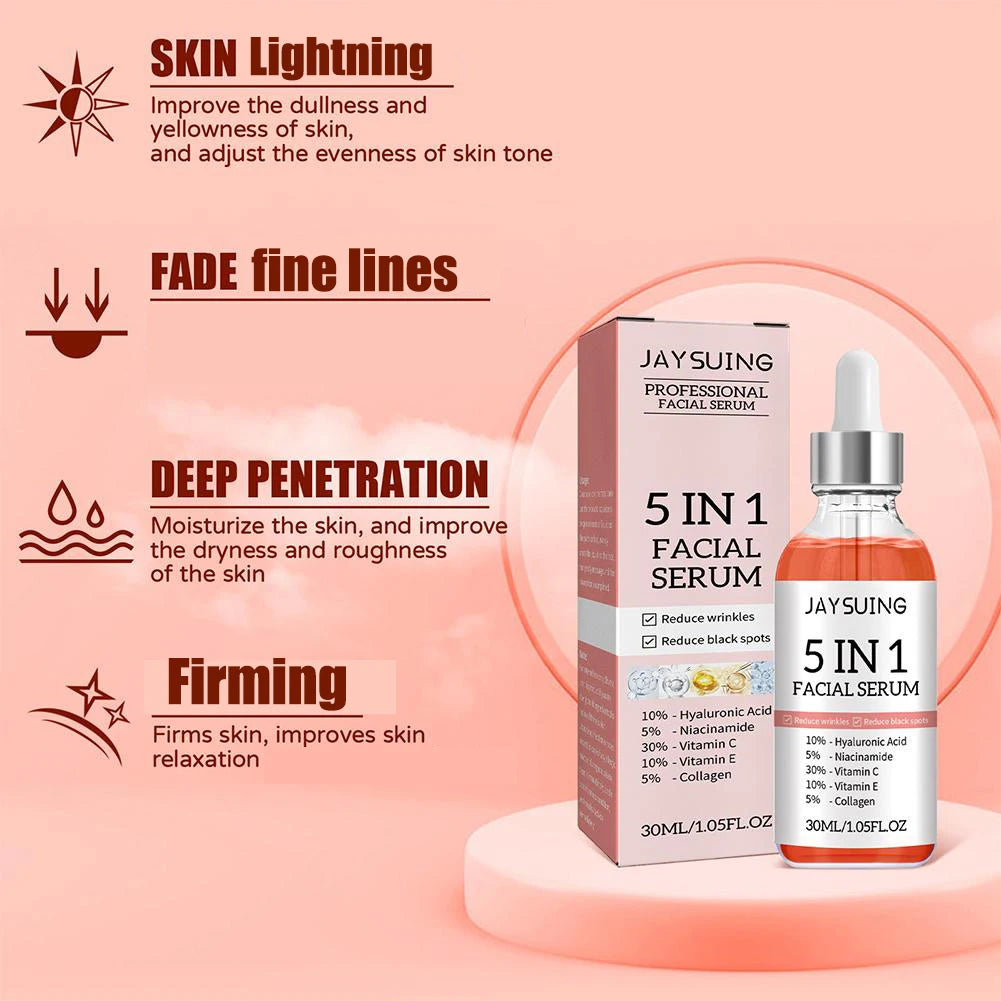 5-in-1 Vitamin C & Hyaluronic Acid Facial Serum – Fade Fine Lines, Firming, Moisturizing, Brightening, Pore-Minimizing (30ml)