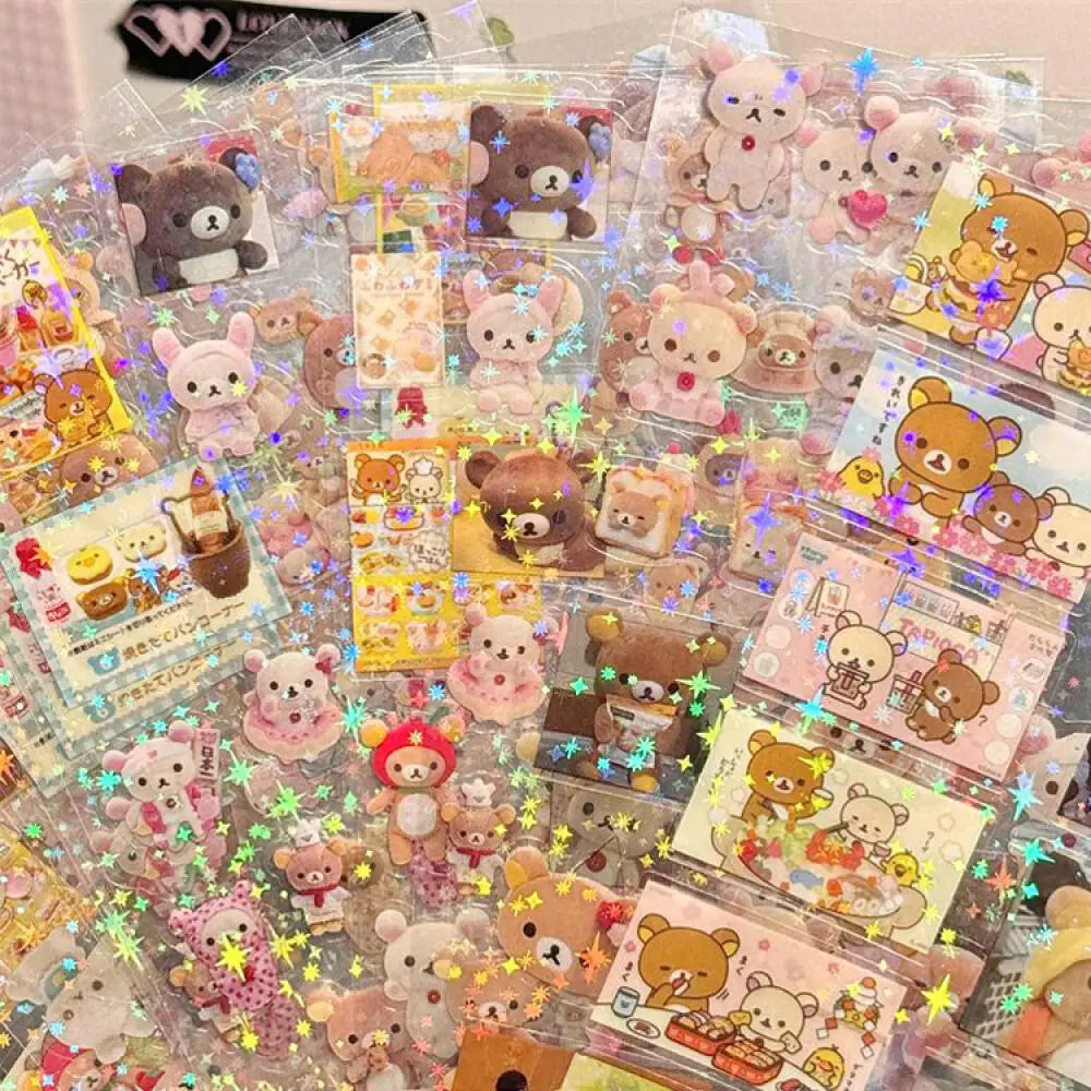 5pcs Hello Kitty & Rilakkuma Holographic Laser Stickers – Die-Cut Kawaii Anime Stickers for Journals, Laptops, & Collectors