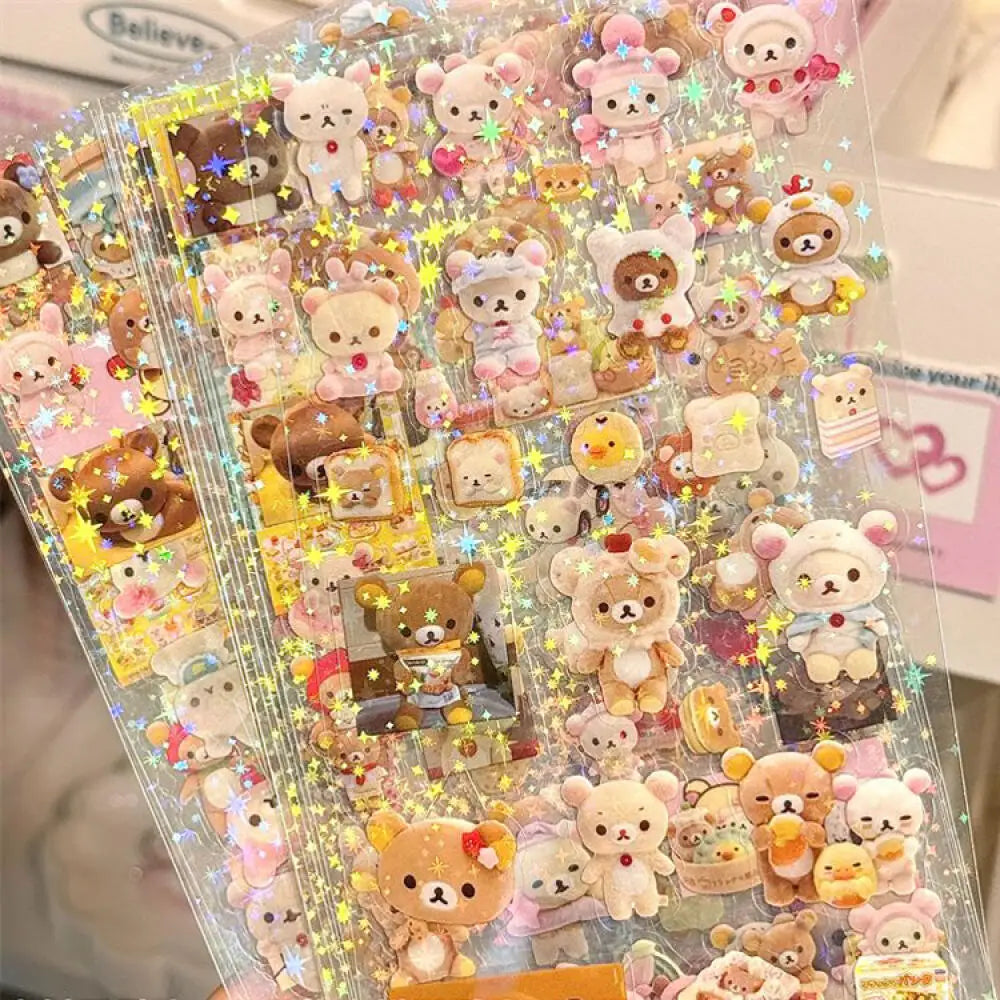 5pcs Hello Kitty & Rilakkuma Holographic Laser Stickers – Die-Cut Kawaii Anime Stickers for Journals, Laptops, & Collectors