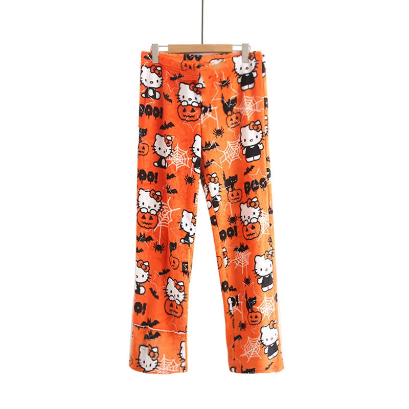 Sanrio Hello Kitty Halloween Flannel Pajamas – Kawaii Women’s Cartoon Woolen Trousers for Autumn Comfort