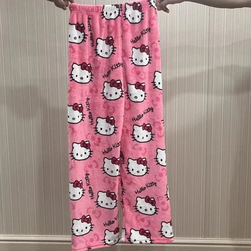 Sanrio Hello Kitty Y2K Kawaii Anime Flannel Pajamas – Women’s Warm Fleece Cartoon Home Pants for Autumn & Winter Comfort