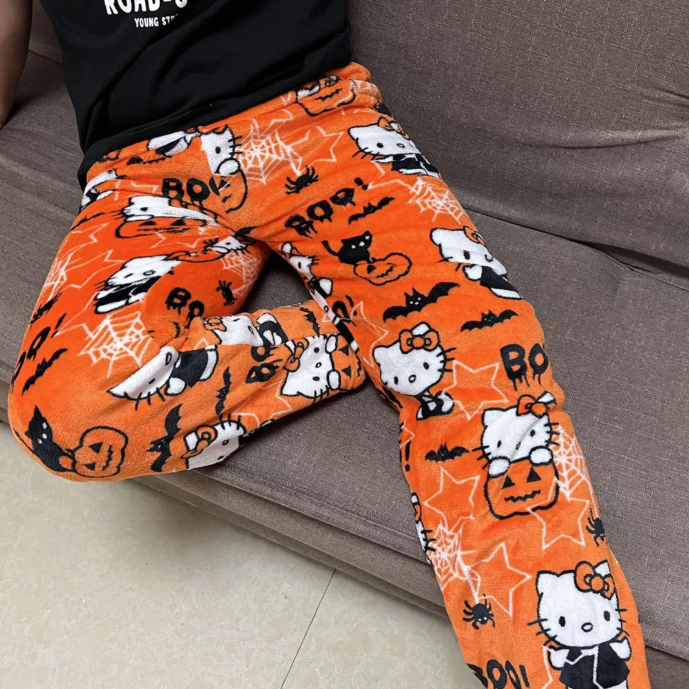 Sanrio Hello Kitty Flannel Pajamas – Black Women’s Warm Cartoon Home Pants, Autumn Winter Kawaii Loungewear