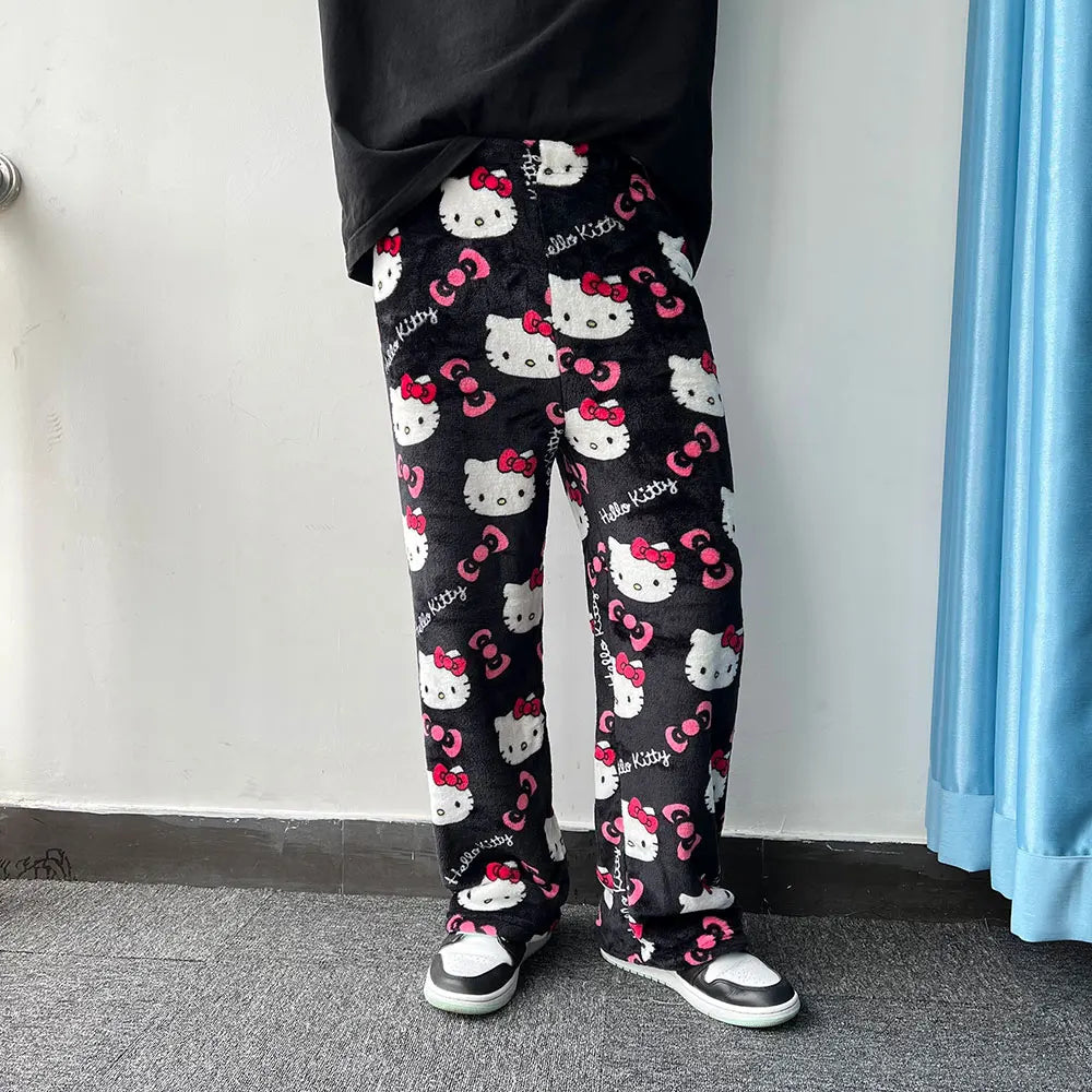 Sanrio Hello Kitty Flannel Pajamas – Black Women’s Warm Cartoon Home Pants, Autumn Winter Kawaii Loungewear
