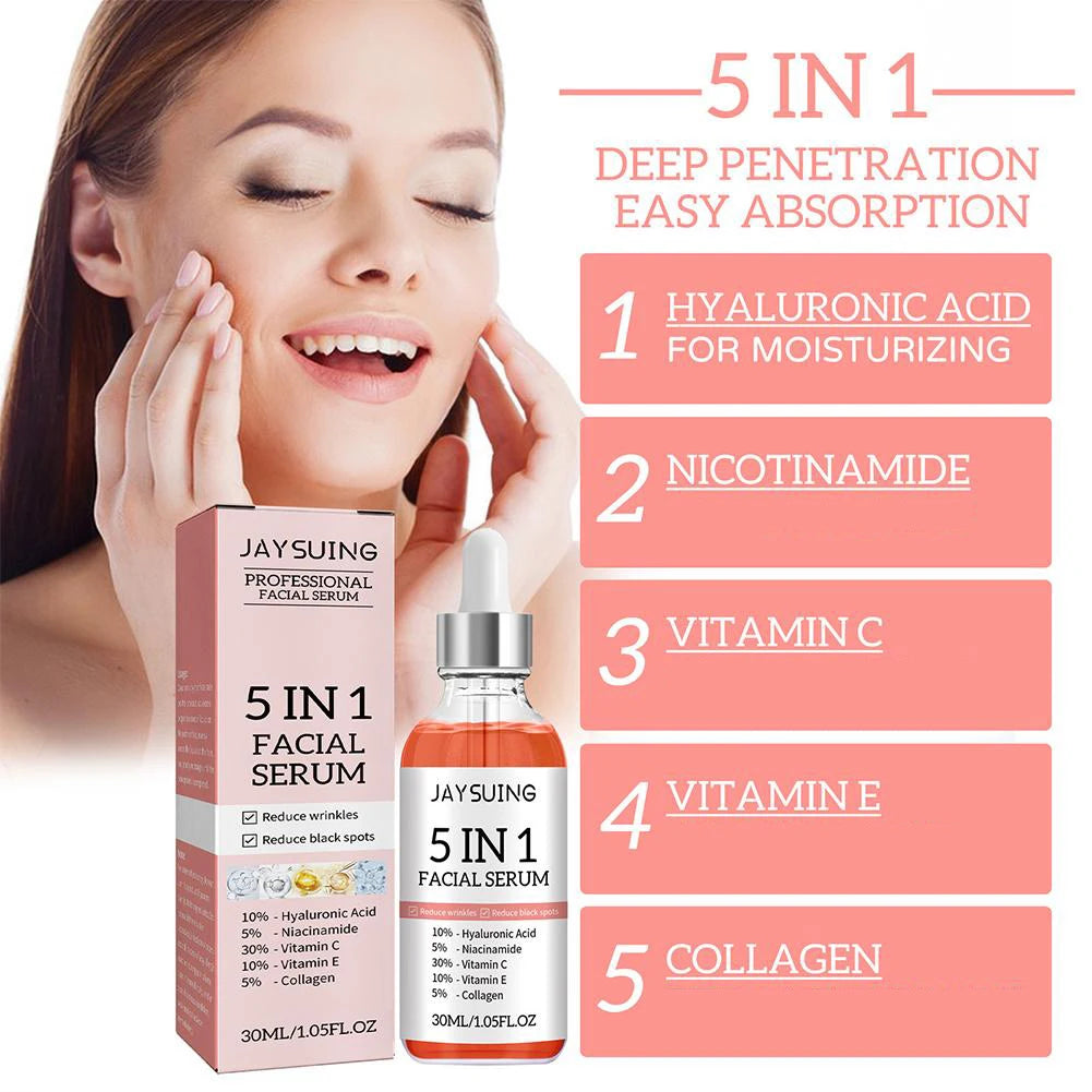 5-in-1 Vitamin C & Hyaluronic Acid Facial Serum – Fade Fine Lines, Firming, Moisturizing, Brightening, Pore-Minimizing (30ml)