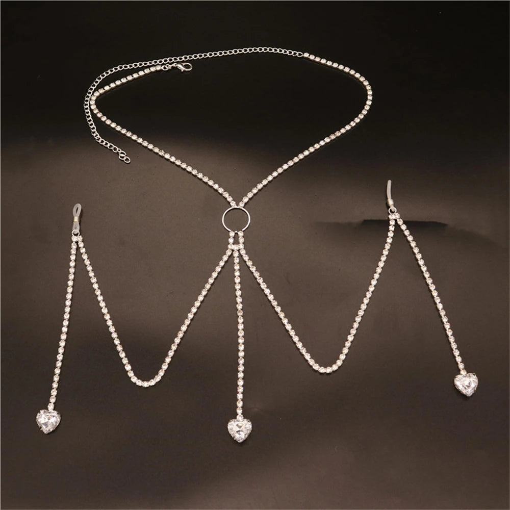 Heart Rhinestone Chest Chain Bra