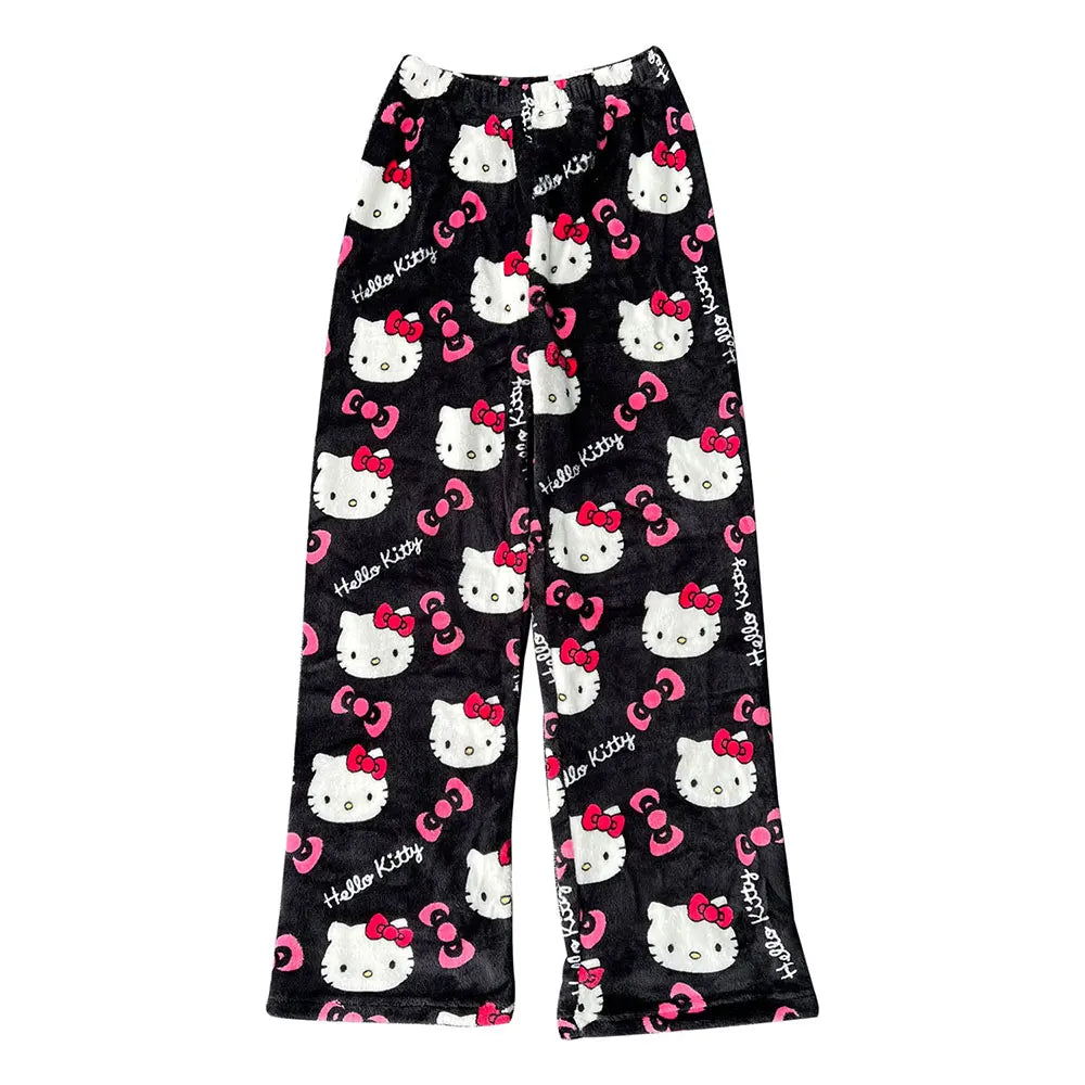 Sanrio Hello Kitty Flannel Pajamas – Black Women’s Warm Cartoon Home Pants, Autumn Winter Kawaii Loungewear