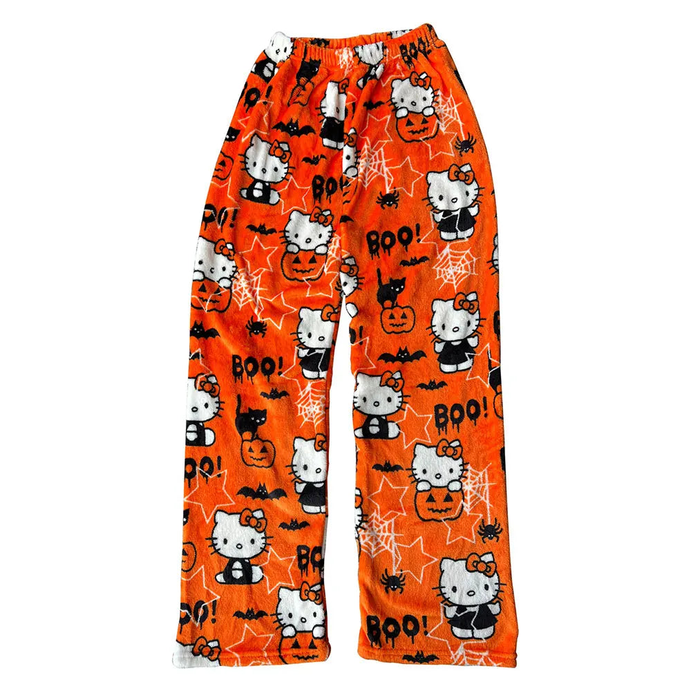 Sanrio Hello Kitty Flannel Pajamas – Black Women’s Warm Cartoon Home Pants, Autumn Winter Kawaii Loungewear