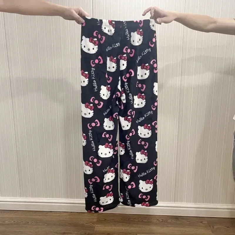Sanrio Hello Kitty Y2K Kawaii Anime Flannel Pajamas – Women’s Warm Fleece Cartoon Home Pants for Autumn & Winter Comfort