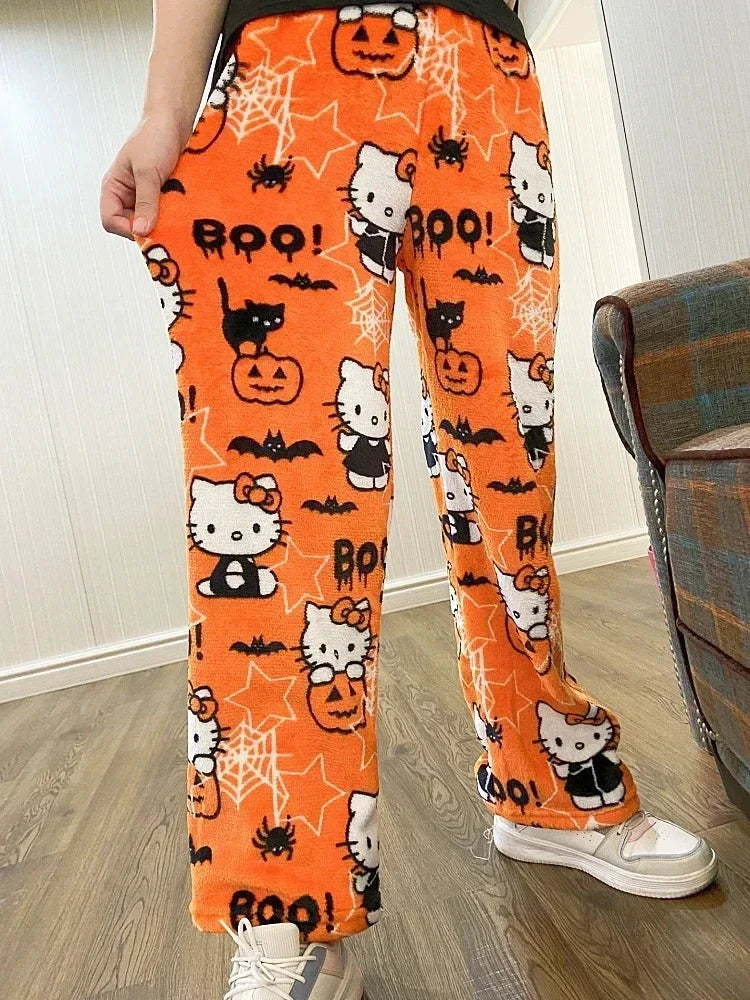 Sanrio Hello Kitty Y2K Kawaii Anime Flannel Pajamas – Women’s Warm Fleece Cartoon Home Pants for Autumn & Winter Comfort