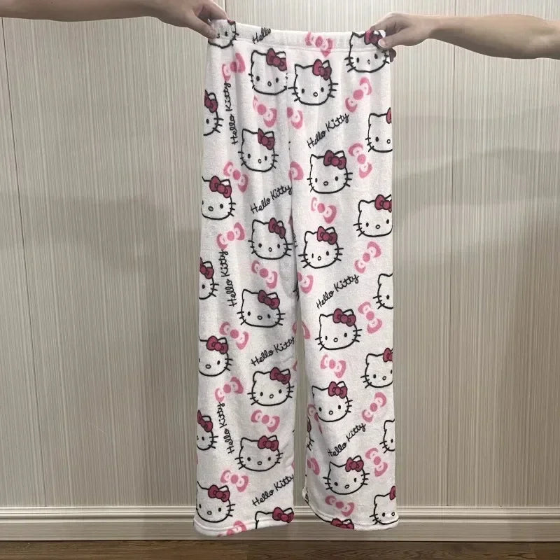 Sanrio Hello Kitty Y2K Kawaii Anime Flannel Pajamas – Women’s Warm Fleece Cartoon Home Pants for Autumn & Winter Comfort