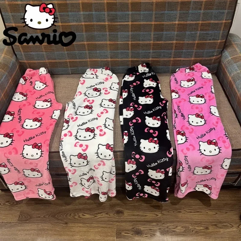 Sanrio Hello Kitty Halloween Flannel Pajamas – Kawaii Women’s Cartoon Woolen Trousers for Autumn Comfort