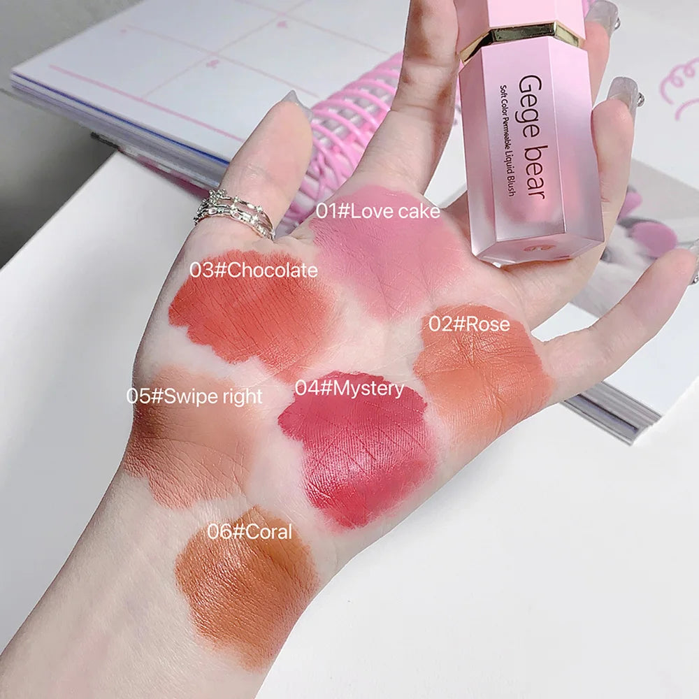Gege Bear Liquid Blush Cream – 6 Colors, Smooth Velvet Matte Pink Blusher, Natural & Easy to Blend
