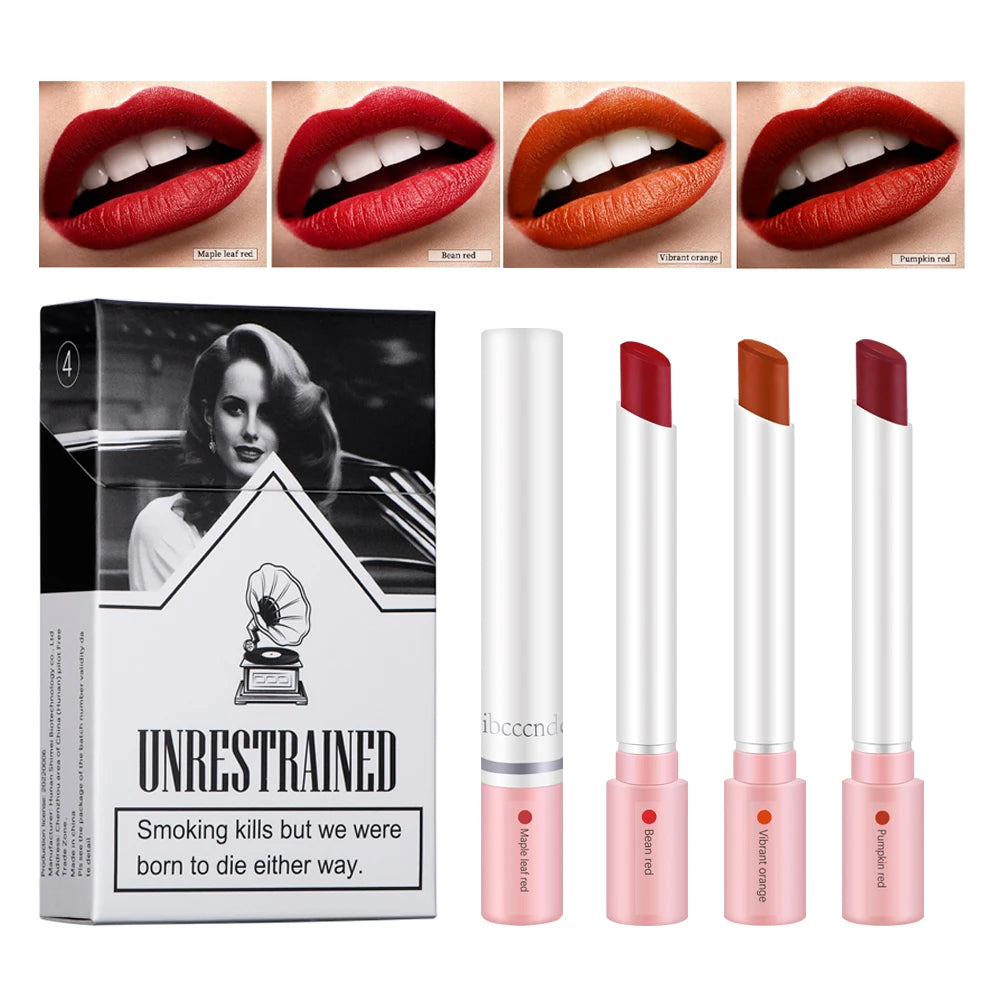 🔥 4 PCS Cigarette Lipstick Set – Long-Lasting Matte Lip Gloss That Turns Heads All Day! 💄✨