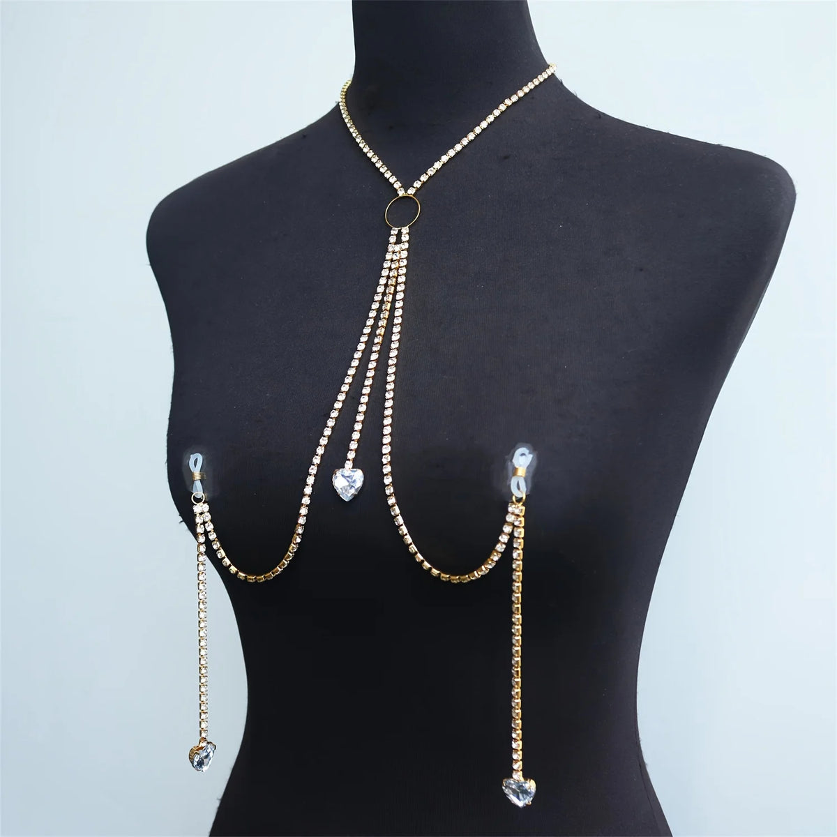 Heart Rhinestone Chest Chain Bra