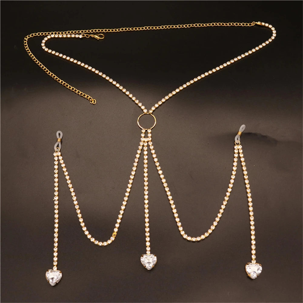 Heart Rhinestone Chest Chain Bra