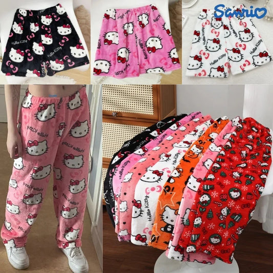Sanrio Hello Kitty Y2K Kawaii Anime Flannel Pajamas – Women’s Warm Fleece Cartoon Home Pants for Autumn & Winter Comfort