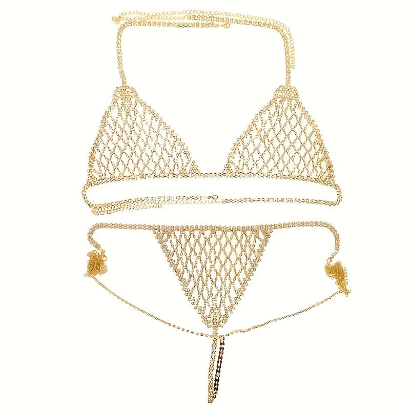 Crystal Mesh Rhinestone Bra & Thong Body Chain Set
