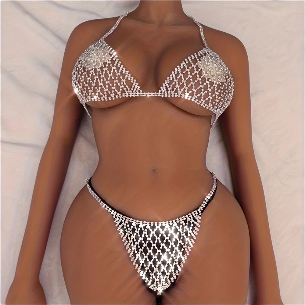 Crystal Mesh Rhinestone Bra & Thong Body Chain Set