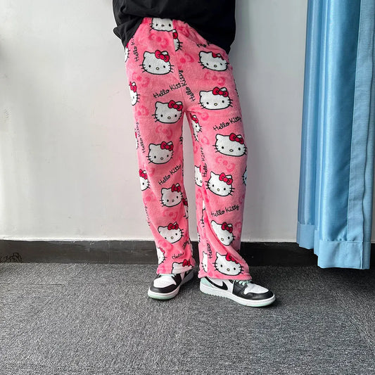 Sanrio Hello Kitty Flannel Pajamas – Black Women’s Warm Cartoon Home Pants, Autumn Winter Kawaii Loungewear