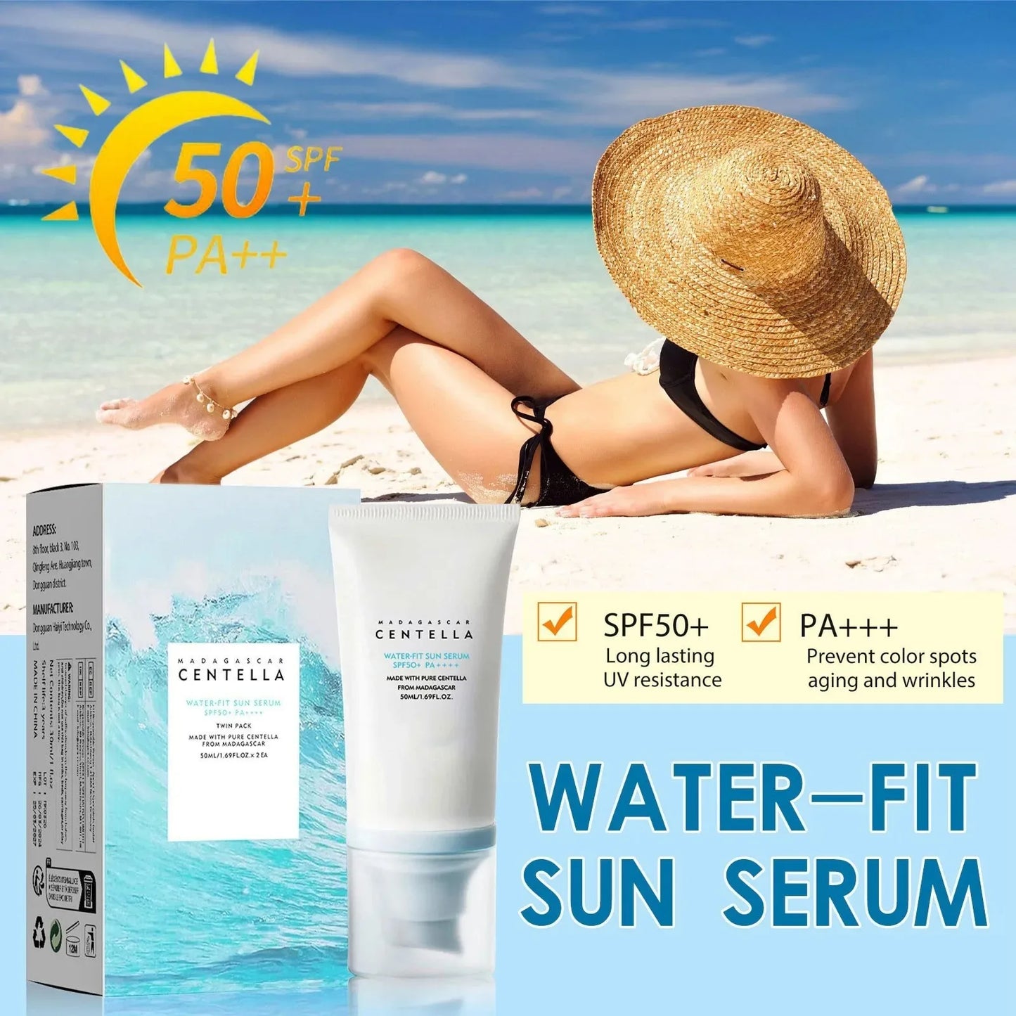 [SKIN1004 Official Shop] Hyalu-Cica Water-Fit Sun Serum UV 50ml (OTC) - Lightweight Sunscreen for Daily Use, Korean Sunscreen, Watery and Creamy Texture, Sunscreen for Sensitive Skin
